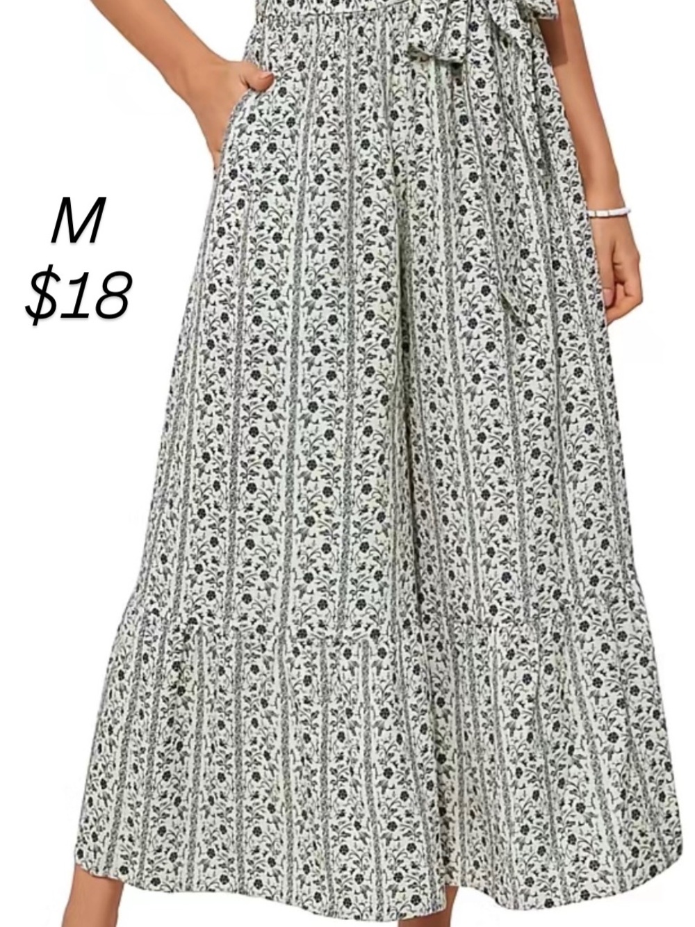 Boho Floral Pants - White with Black Print Medium